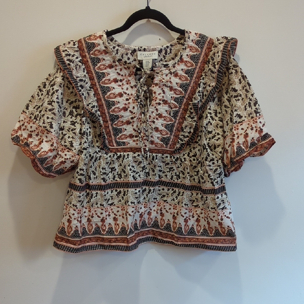 Calypso St. Barth Cotton Ivory Floral Ruffle Tie Up Boho Peasant Blouse Medium